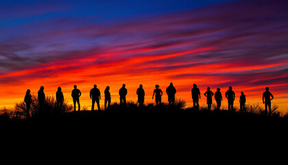 Fototapeta premium Capture individuals in silhouette form against the rising sun, emphasizing the beauty of their shape and the vibrant sky