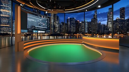 A virtual TV studio news set with a green screen background, featuring modern design elements and versatile setup for broadcasting