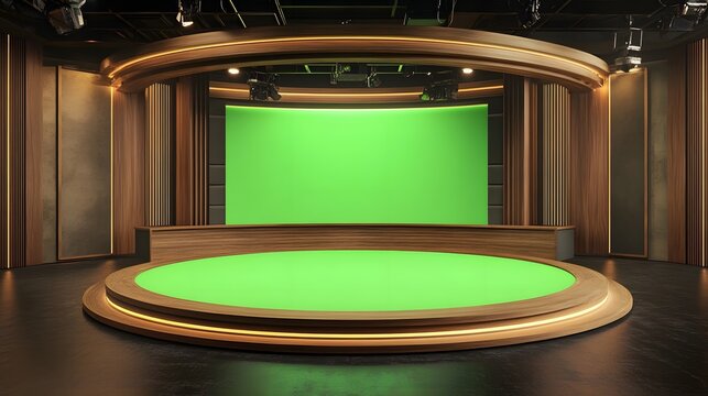 A virtual TV studio news set with a green screen background, featuring modern design elements and versatile setup for broadcasting