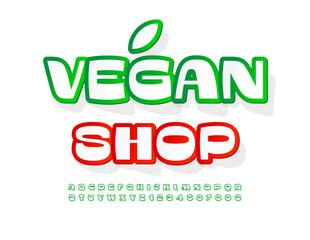 Vector eco signboard Vegan Shop. Creative Sticker Font. Bright Unique Alphabet Letters and Numbers set.