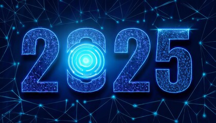 Futuristic digital representation of "2025" in glowing blue neon. Numbers are formed by intricate circuit-like patterns
