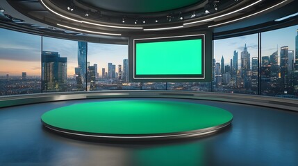 A virtual TV studio news set with a green screen background, featuring modern design elements and versatile setup for broadcasting