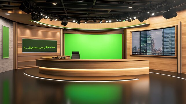 A virtual TV studio news set with a green screen background, featuring modern design elements and versatile setup for broadcasting