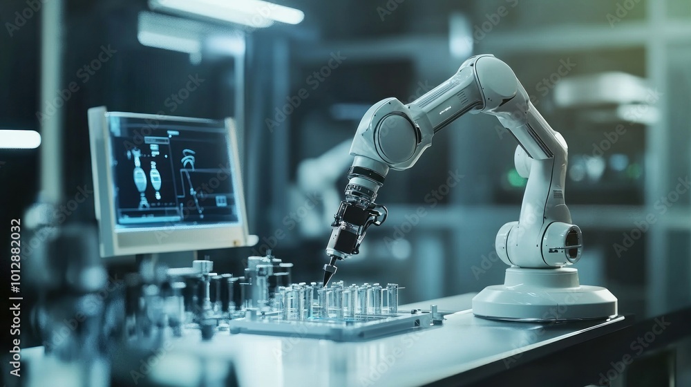 Poster a robotic arm assembling components in a high-tech industrial setting.
