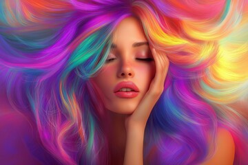 Fototapeta premium A vibrant portrait of a woman with colorful, flowing hair that features hues of purple, pink, and blue, evoking a dreamy, artistic aesthetic.