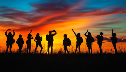 Fototapeta premium Capture individuals in silhouette form against the rising sun, emphasizing the beauty of their shape and the vibrant sky