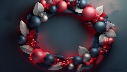 Obraz premium Red and black Christmas background concept Red and black holiday wreath with glowing lights.