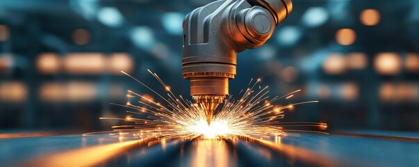 Metal sparks shooting from a malfunctioning robotic arm in a factory, highlighting the dangerous potential of the situation, sparks fly, metal, danger