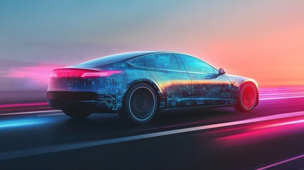 Vibrant Digital Painting of EV on Highway at Sunset