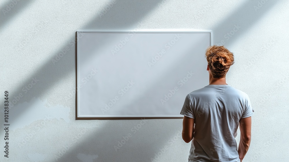 Poster man is standing in front of a white board. the board is empty. an empty white poster. a man is holdi