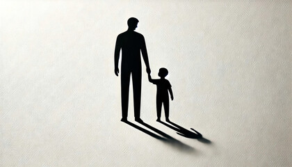 Fototapeta premium A silhouette of a man holding a child's hand casts a long shadow on a light background. The scene emphasizes the bond between the two figures, symbolizing guidance and protection.AI generated.