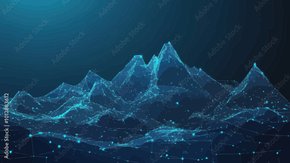 Poster futuristic digital mountain range with glowing light dots - big data visualization concept in low po