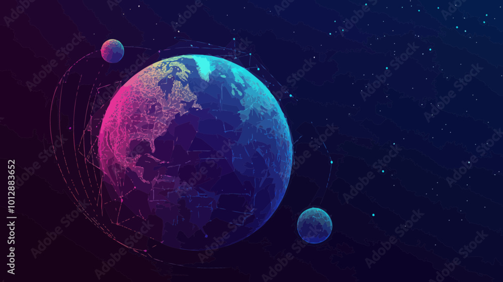 Poster low poly earth globe with connected dots and lines, 3d polygonal planet in outer space, solar system