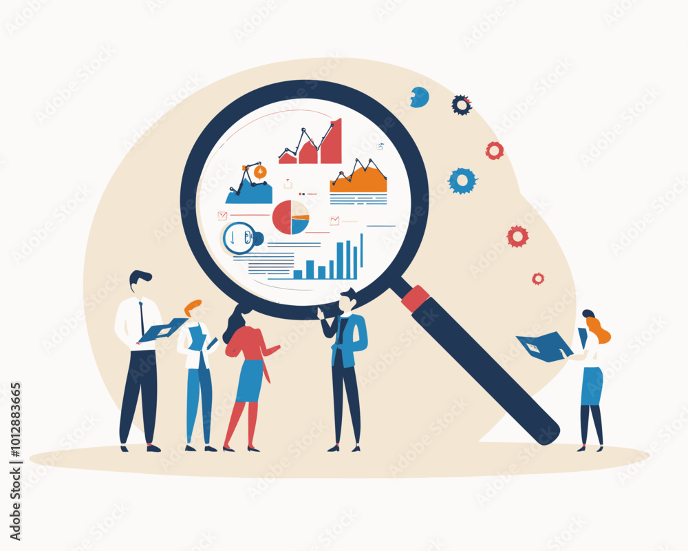 Poster flat minimalist vector of businessman analyzing user behavior with magnifier for customer research i