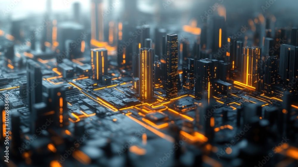 Poster a futuristic cityscape with glowing lines and structures resembling a digital circuit board.