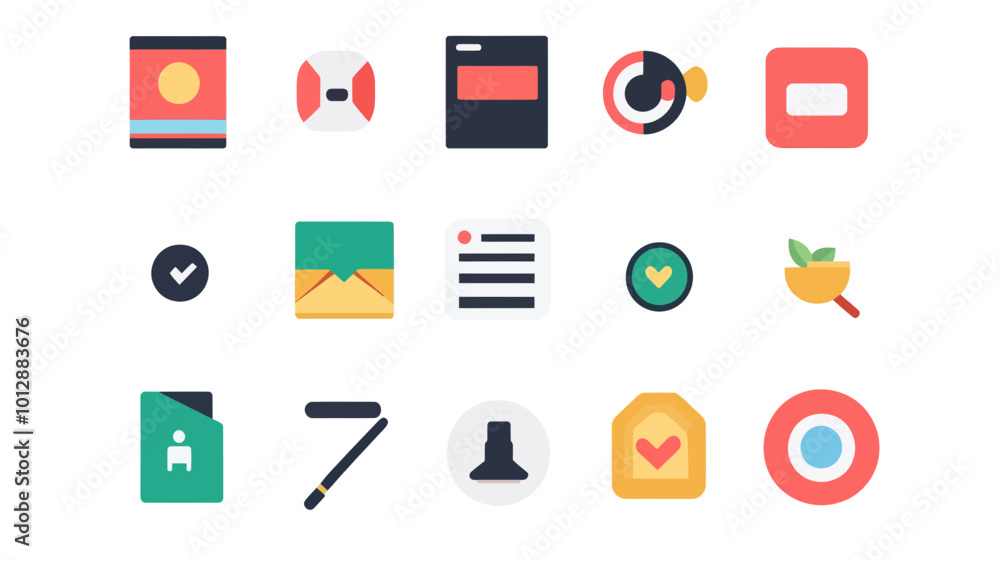 Poster colorful lush flat vector icons set for web and mobile ui design, communication, and multimedia appl