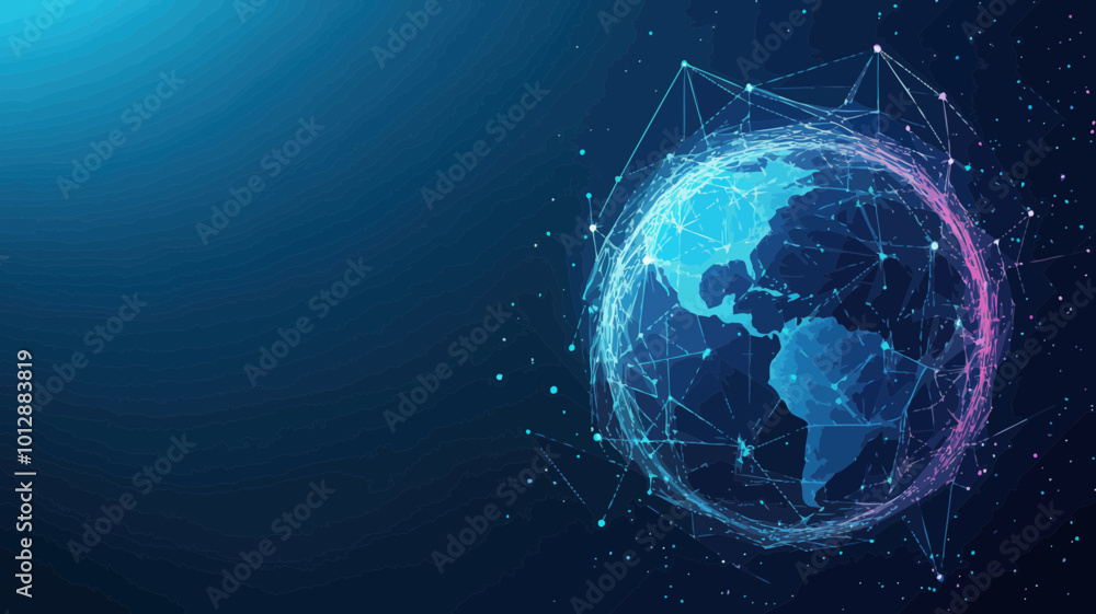 Poster futuristic polygonal low poly planet earth with connecting dots and lines, abstract wireframe space 