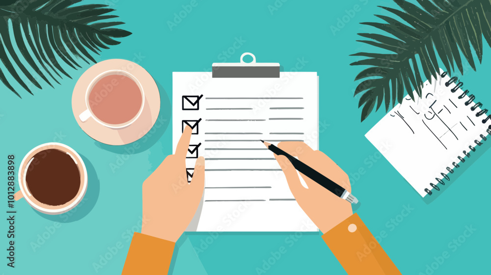 Poster top view illustration of hands checking off tasks on to-do list clipboard with coffee cups on desk -