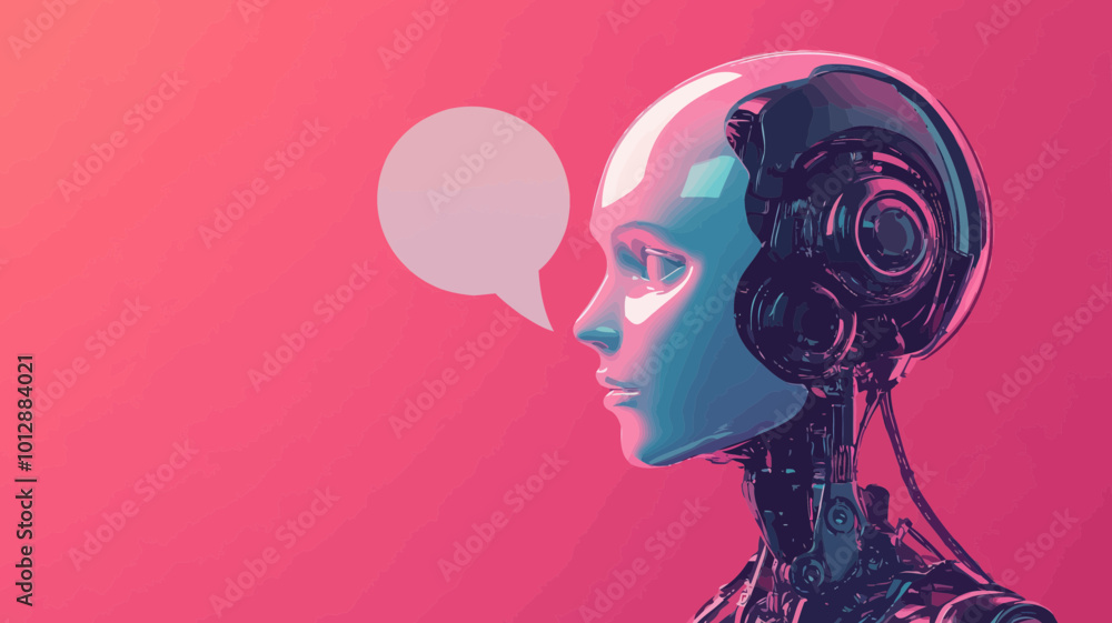 Poster futuristic humanoid robot with speech bubble in low poly wireframe style, side view of asexual andro
