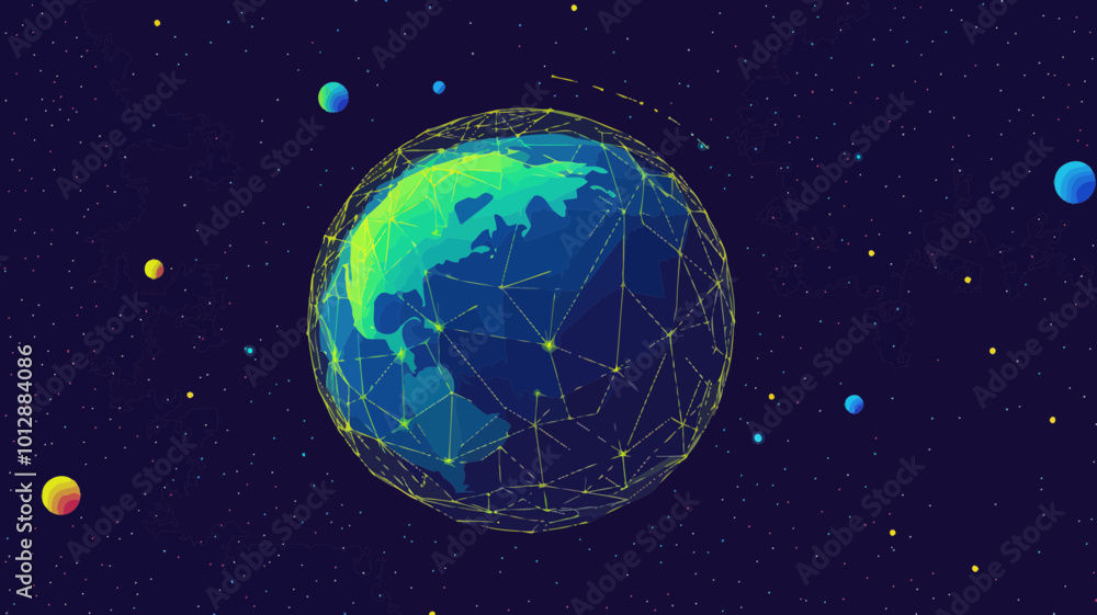 Poster 3d low poly earth globe in outer space with connected dots and lines, wireframe mesh planet and moon