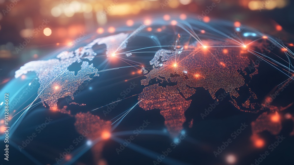 Poster a digital representation of a global network with interconnected nodes and geographical outlines.