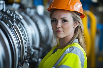 Woman wearing a yellow and orange safety vest and a hard hat. She is standing in front of a large machine. Female heavy industry worker in protective work wear grinding metal.