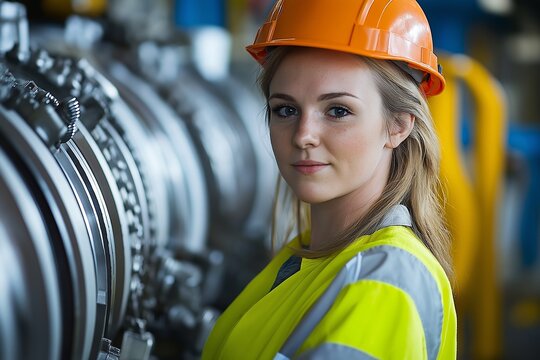 Woman wearing a yellow and orange safety vest and a hard hat. She is standing in front of a large machine. Female heavy industry worker in protective work wear grinding metal.