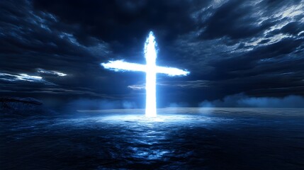 Obraz premium Minimalist Glowing Cross on Dark Ocean Background