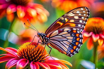Fototapeta premium butterfly rests on vibrant flower, showcasing its colorful wings