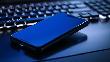 Smartphone with blank screen on desk near keyboard
