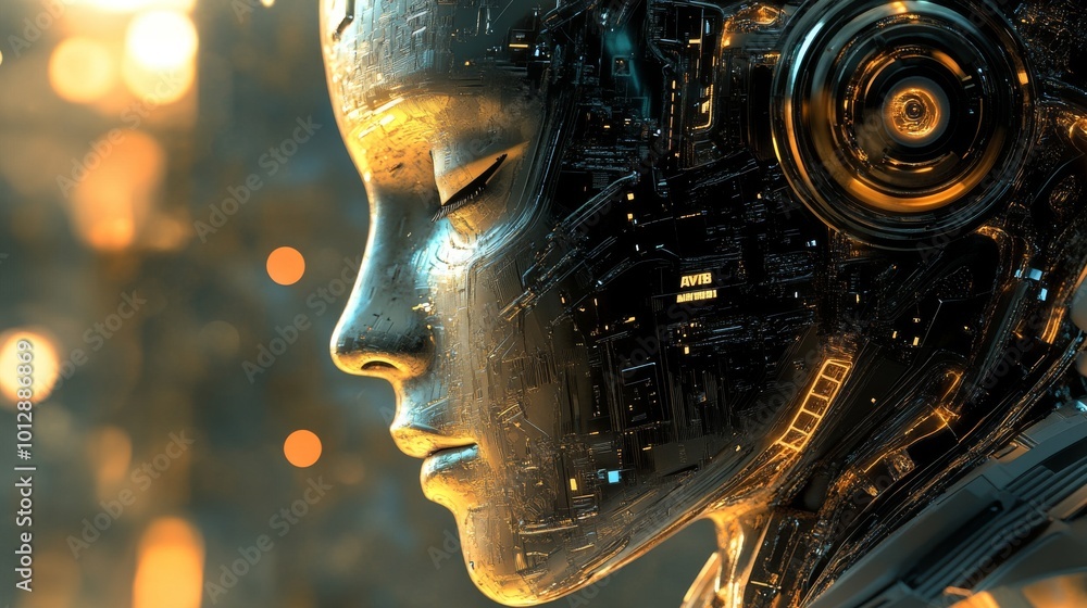 Poster a close-up of a cybernetic female face adorned with intricate circuits and glowing lights, blending 