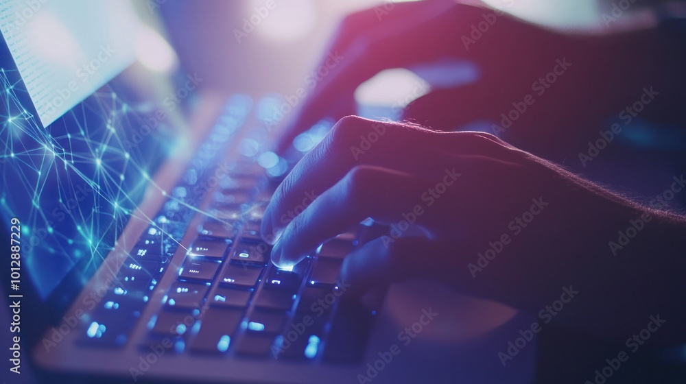 Poster hands typing on a laptop with a network effect