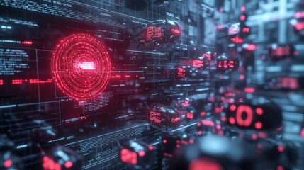 Fototapeta premium Digital Display of Hostile AI: Ray Tracing Concept Art Showing Robotic Deployment Map with Alerts in City Layout