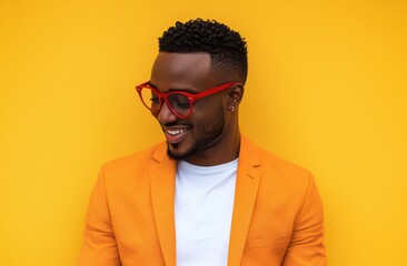 Obraz premium Stylish man in orange blazer and sunglasses smiling against a bright yellow background, embodying fashion and confidence.