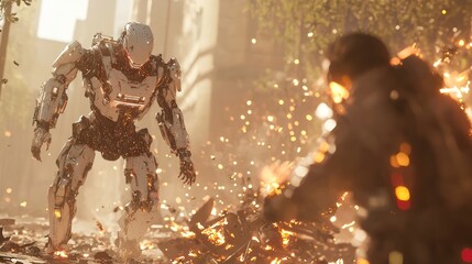 Fototapeta premium Futuristic Hostile AI Standoff - Ray Tracing Concept Art of Tense Humanoid Robot Interaction in Post-Apocalyptic Setting