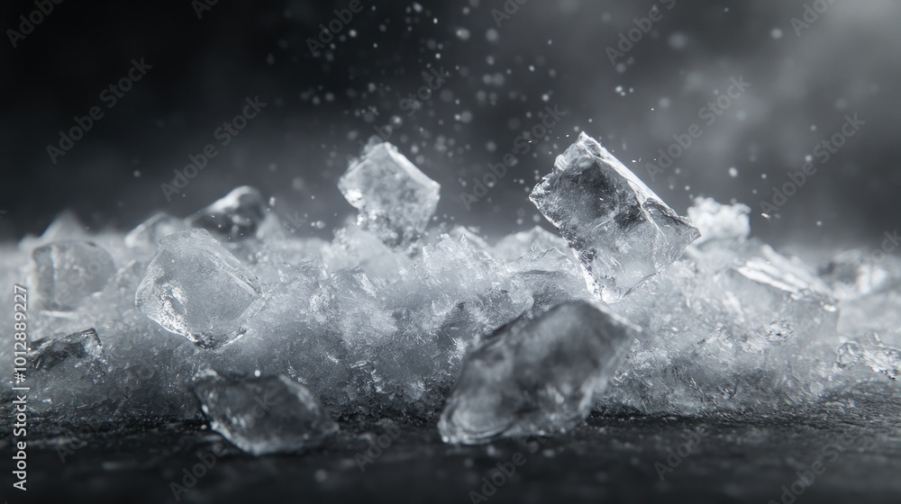Poster a close-up of ice cubes on a dark surface, with mist and droplets creating a dynamic scene.