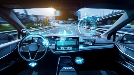 A self-driving car speeding on a highway, featuring an advanced digital dashboard with augmented reality displays and real-time navigation data. The futuristic interior highlights cutting-edge