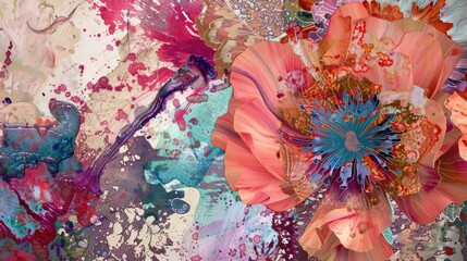 A colorful painting of flowers with a bright orange center