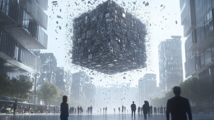 A massive floating cube composed of intricate mechanical components hovers above a modern urban plaza. Silhouetted figures stand in awe, creating a mysterious and futuristic atmosphere.. AI Generation