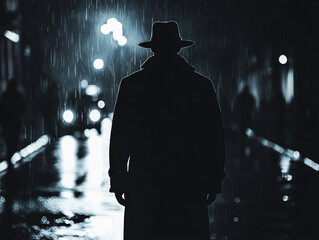 A man in a hat is walking down a street in the rain