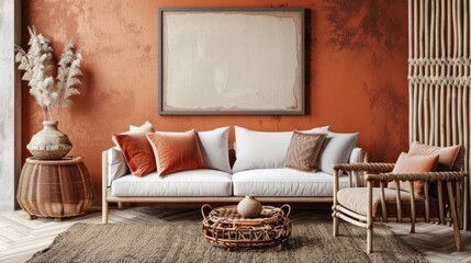 A living room with a red wall and a couch and chair