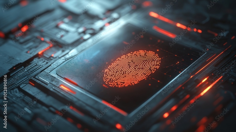 Poster a digital fingerprint overlay on a circuit board, symbolizing security and technology.
