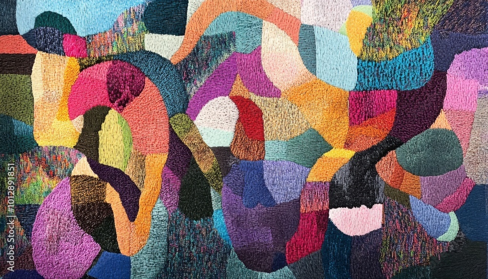Poster abstract colorful knitted artwork with different textures and shapes.