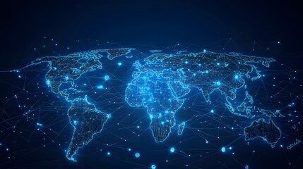 Abstract digital world map, concept of global network and connectivity, featuring elements of artificial general intelligence, high-speed data transfer, and cyber technology
