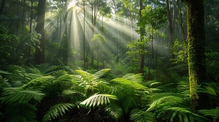 Lush green forest with sunlight filtering through trees and ferns on the forest floor