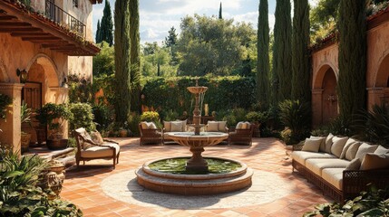 A lavish Mediterranean courtyard with a central fountain