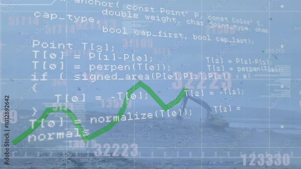Poster animation of statistics and financial data processing over digger background