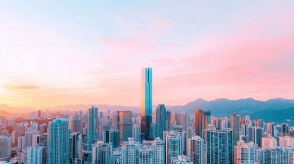 Obraz premium stunning cityscape at sunset, showcasing modern skyline with towering buildings and prominent skyscraper. vibrant colors of sky create serene atmosphere