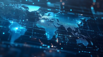 Abstract digital world map, concept of global network and connectivity, featuring elements of artificial general intelligence, high-speed data transfer, and cyber technology