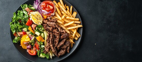 Delicious Mediterranean Meal: Steak, Fries, and Salad